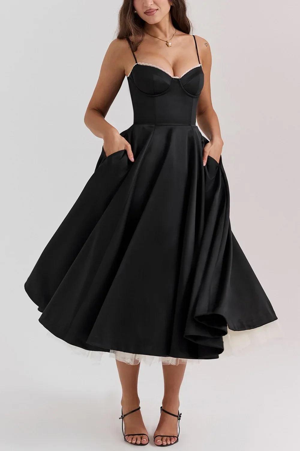 A-line Satin Midi Wedding Guest Dress Spaghetti Straps Sweetheart Back Zipper Elegant Formal Evening Dresses COCOMELODY 803510185058
